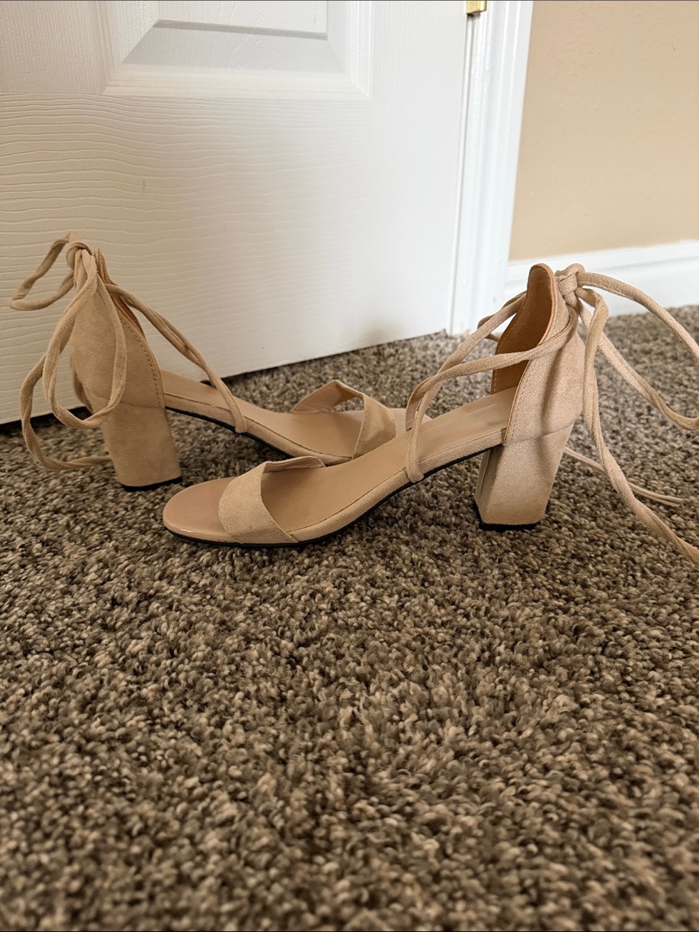 Women’s Tie-up Ankle Block Heel Sandals in Nude